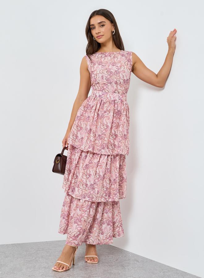 Styli Women Pink Paisley Print Tiered Maxi Dress - Image 5
